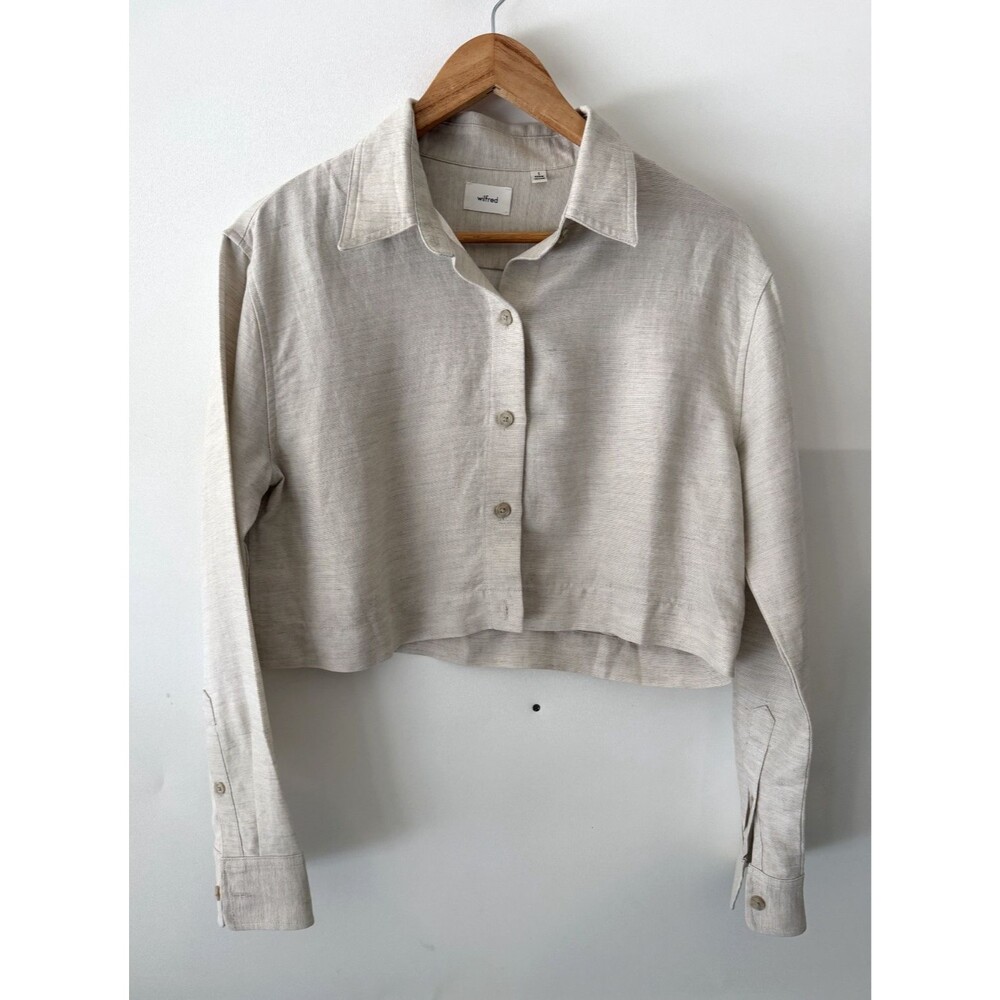 Wilfred Aritzia Proposal Shirt Small Beige Cropped Relaxed Button Front Top